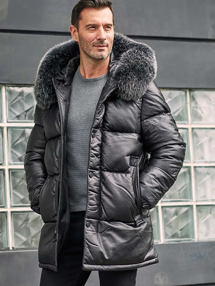 

Denny&Dora Men's Cowhide Coat - Black Genuine Leather Down Jacket with Fox Fur Collar, Long Insulated Parka​