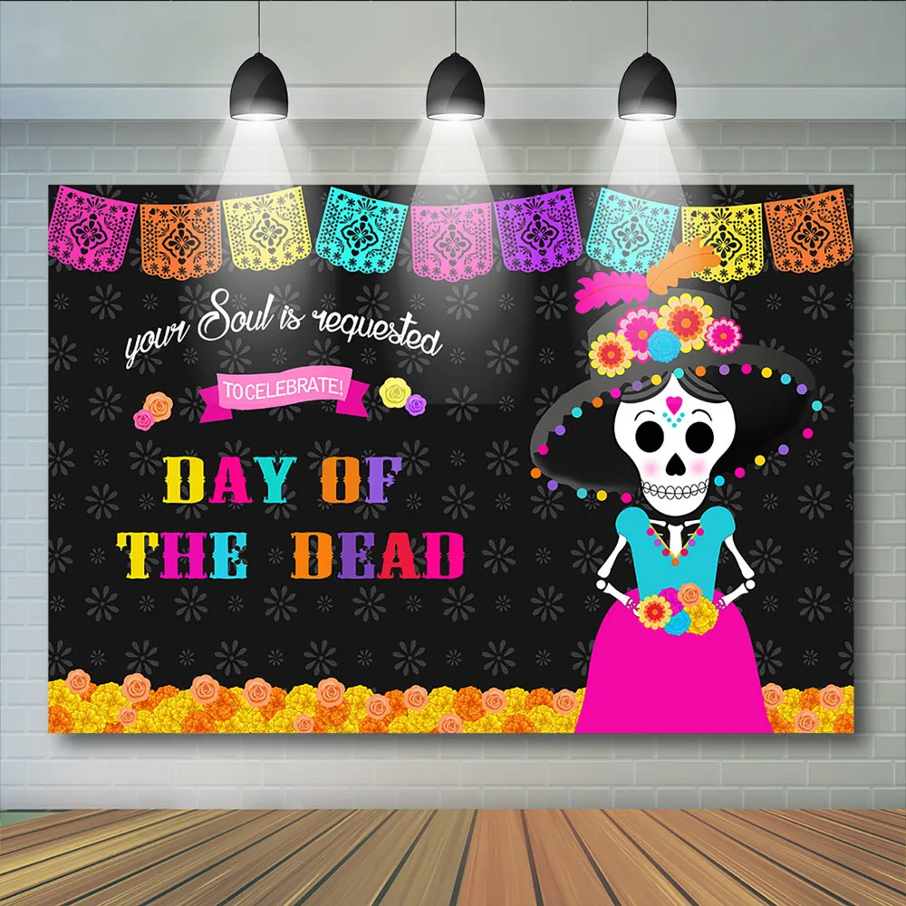 

Day of The Dead Background for Mexican Fiesta Skull Floral Photography Backdrop Soul Celebrate Birthday Party Photobooth