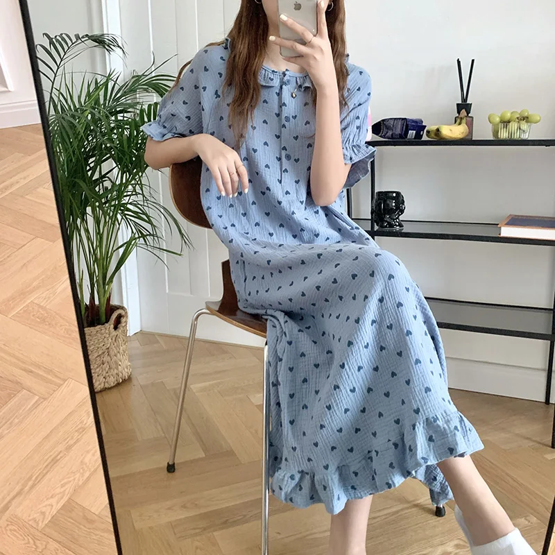 Heart Print Summer Nightgown Women O-Neck Ruffles Short Sleeve Cotton Loose Sleepwear Sweet Vintage Kawaii Homewear Purple 2022