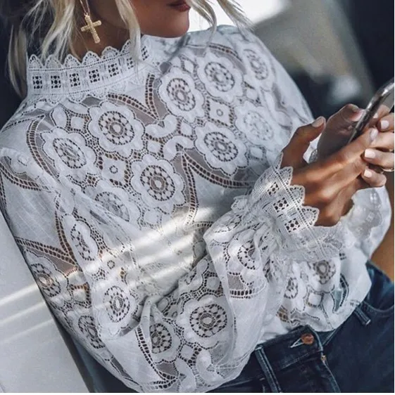 blouses women casual Female Shirt Lace Floral Mock Neck Long Sleeve Blouse Base Shirt Tops for Women White blusas y camisas