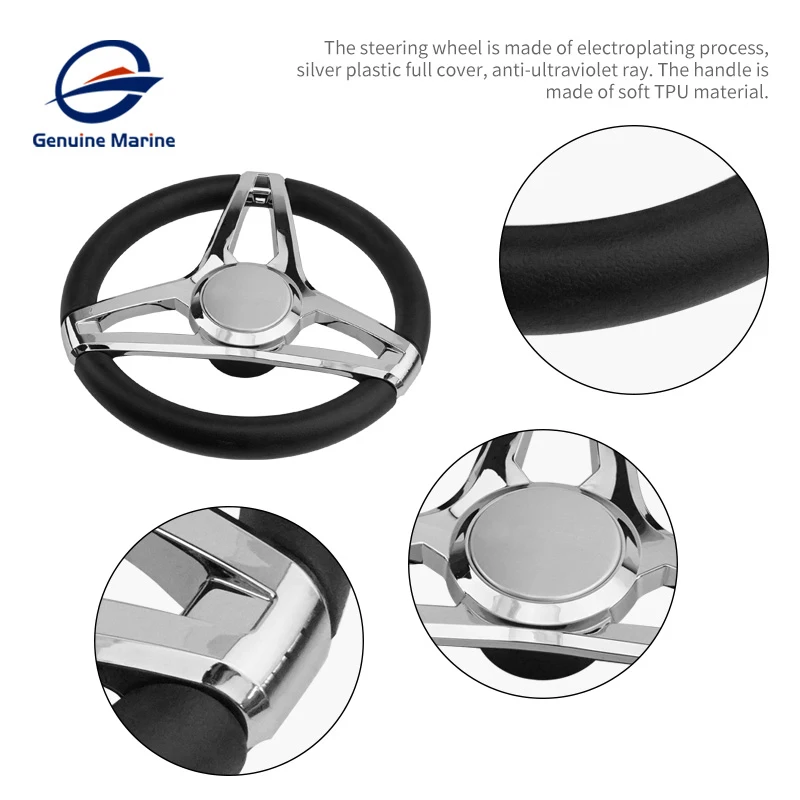 Genuine Marine Boat Steering Wheel Soft TPU 350mm Shaft Polished 3 Spoke Silver For RV Yacht Camper Car Accessories In Stock