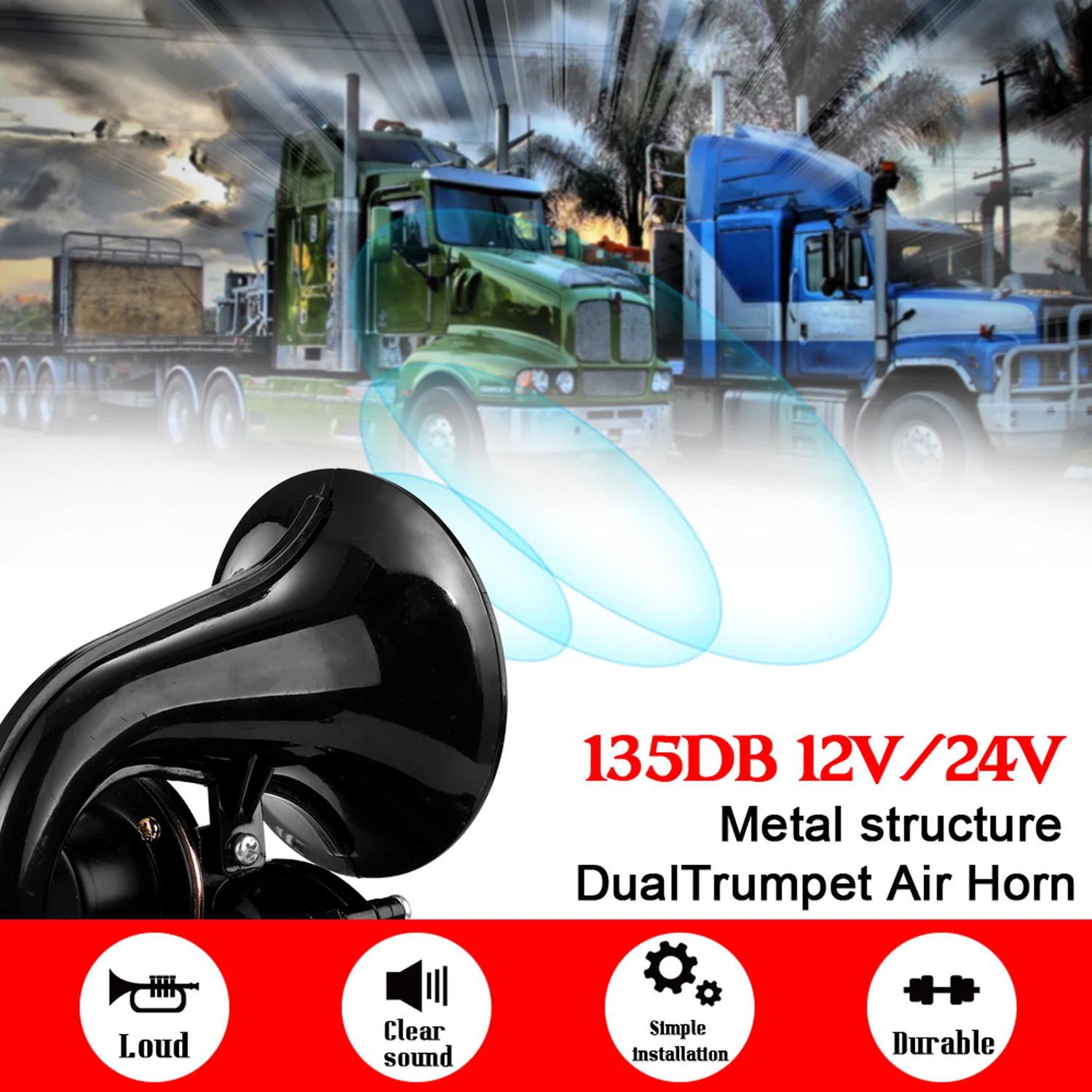 Truck 135db Loud Air Horn 12/24V SuperLoud Trumpet Air Horn with Electric Valve Flat for Auto Vehicle Trucks