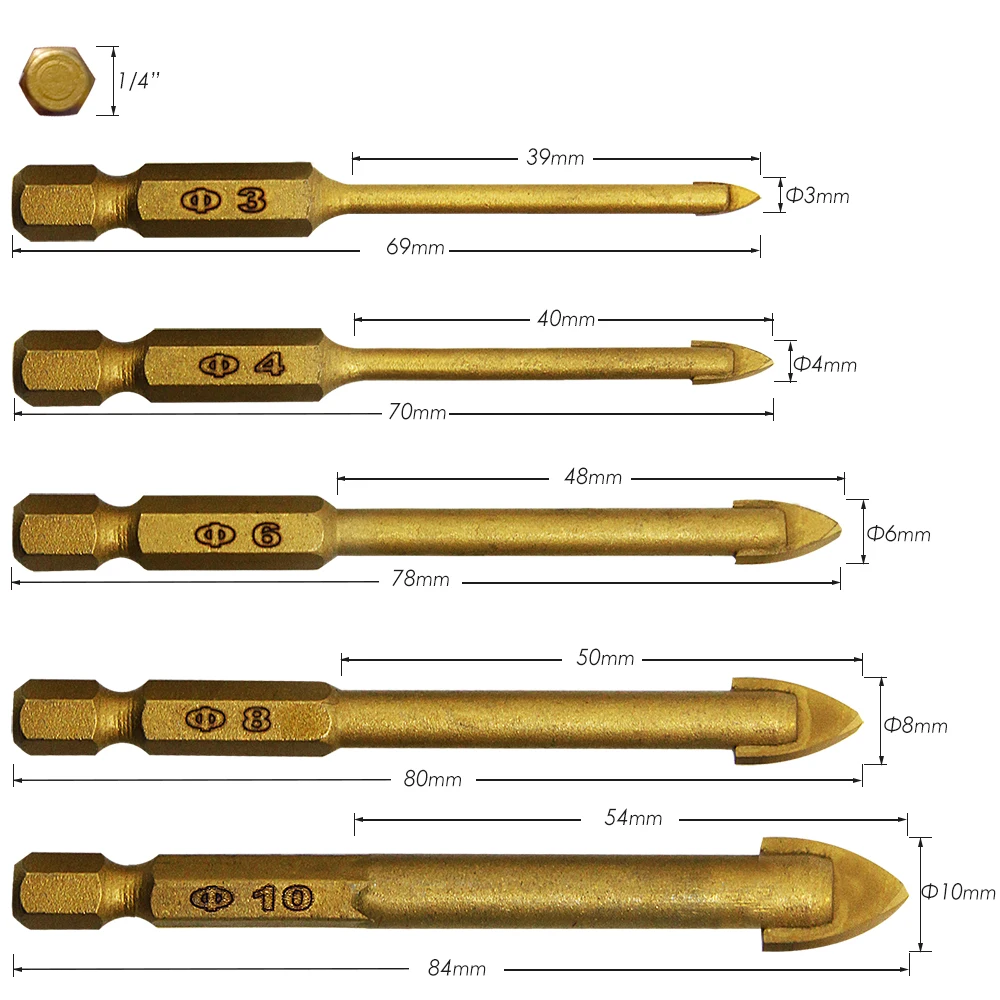 Imagem -02 - Peça de Titânio Revestido Broca de Vidro Bits Conjunto 346810 mm com Hex Shank para Espelho da Telha Cerâmica de Mármore e Vidro 5