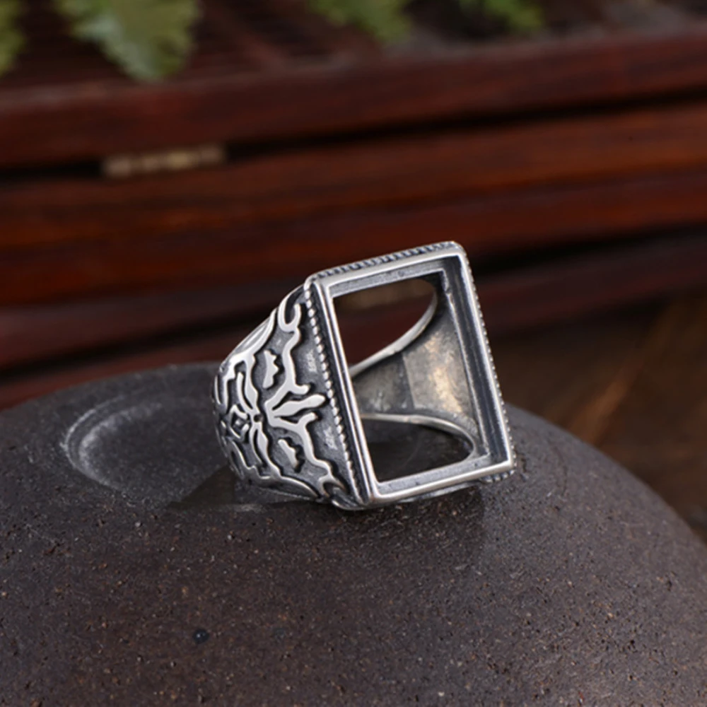 Men's Ring Blank (12x17mm Rectangle Blank) Adjustable Thai Sterling Silver Ring Base Vintage Style Cabochon Ring Setting R835B