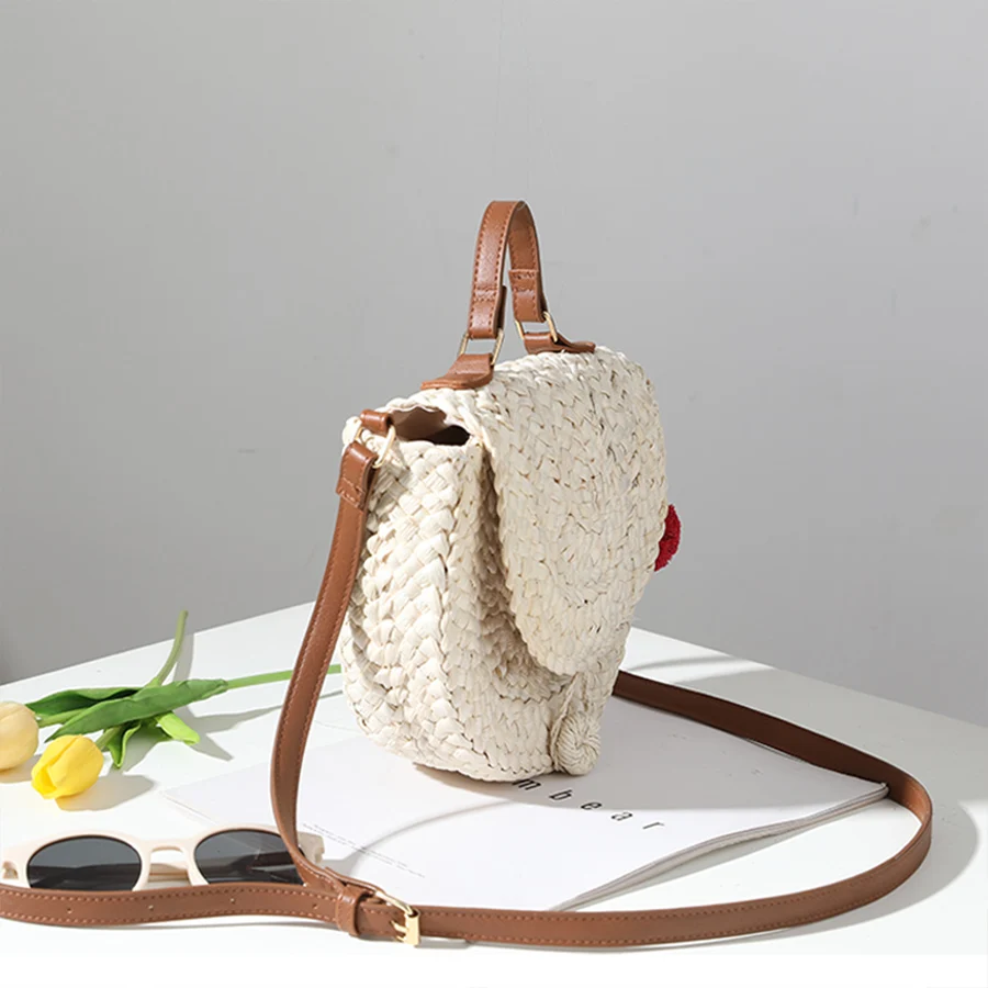 Casual Summer Handmade Straw Bags Women Rattan Handbag Half Moon Shoulder Bags All-Match Travel Weave Messenger Crossbody Bag