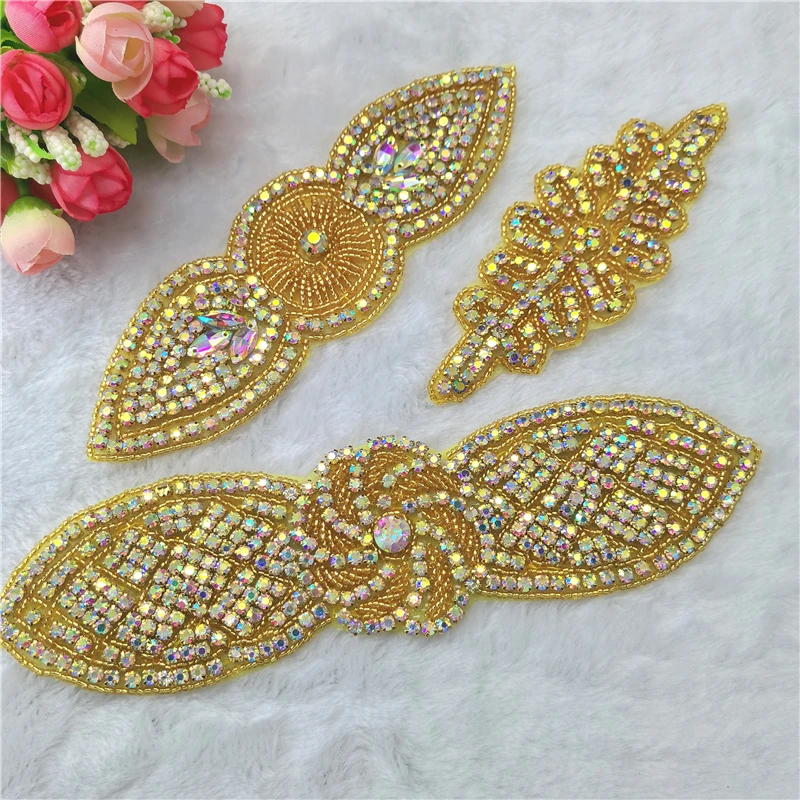 Rhinestone crystal Appliques patch iron on silver gold hand beaded applique for belt accessory sewn on wedding dress