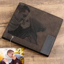 Cartera de cuero PU con imagen personalizada para hombre, billetera plegable con inscripción personalizada y foto grabada, regalos de Acción de Gracias