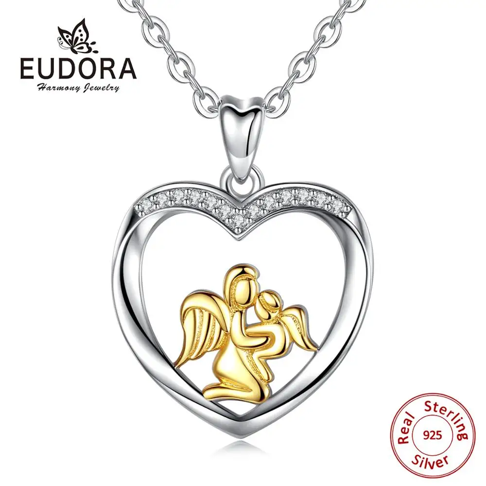 Eudora 100% 925 Sterling Silver Mom Love Angel Baby Pendants Crystal Heart Pendant Necklace Women Fashion Jewelry Gift CYD053