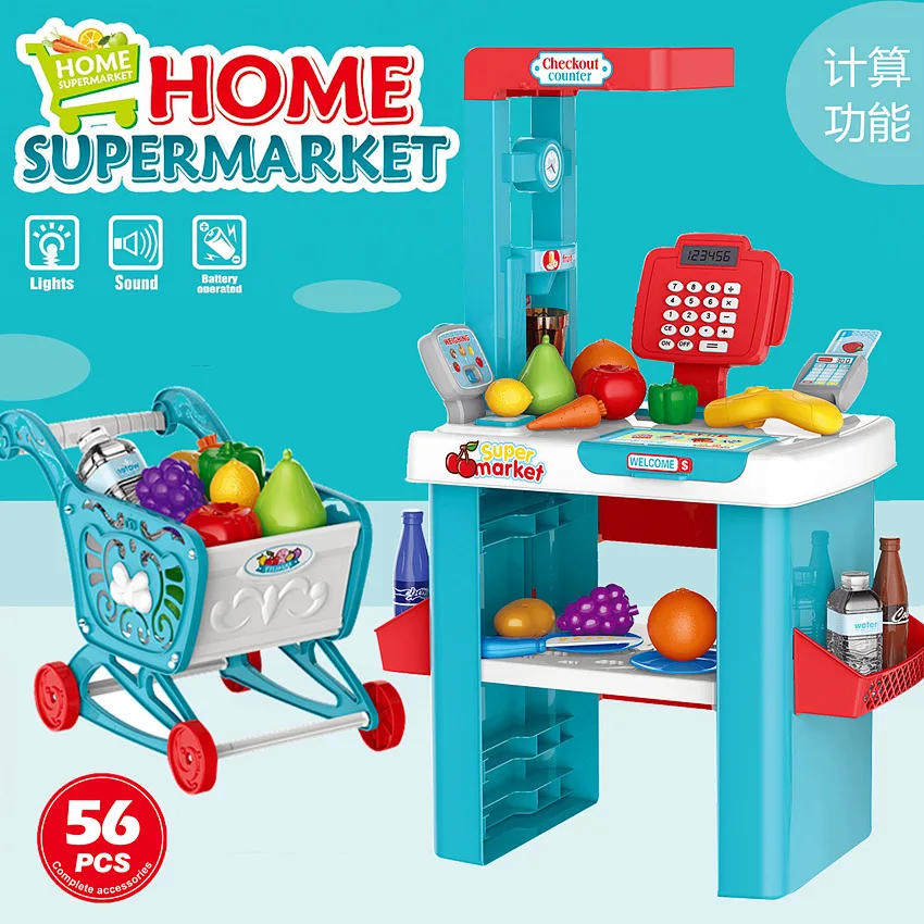 Holiday 35pcs 56pcs supermercado de juguete Child Simulation Pretend Play toys set shopping cart cash register Supermarket House