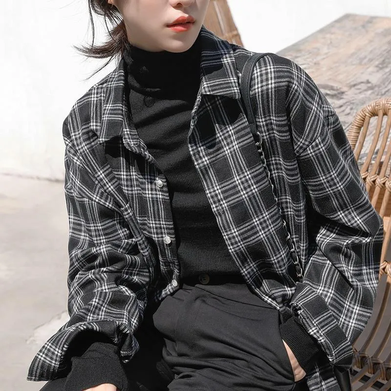 Women Shirt Black Red Long Sleeve Plaid Vintage Shirt Casual Shirt Blouse Loose Tops Ladies Plus Size Spring Autumn Summer 2021