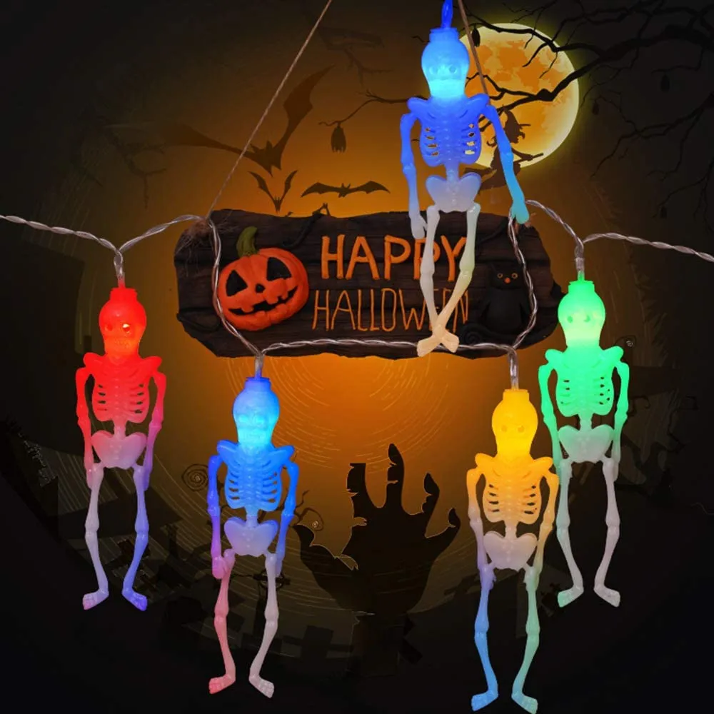 Zasilany z baterii 10/20/40leds śliczne szkieletowe łańcuchy świetlne duch czaszki Halloween światła dekoracyjne na dekorację na imprezę świąteczną