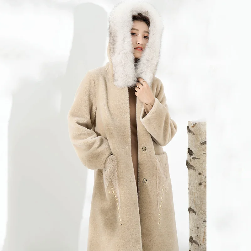 

Long Winter Jacket Real Fur Coat Women Fox Fur Collar Hooded Vintage Korean Wool Sheep Fur Coat 2020 Abrigo Mujer F808 KJ5186