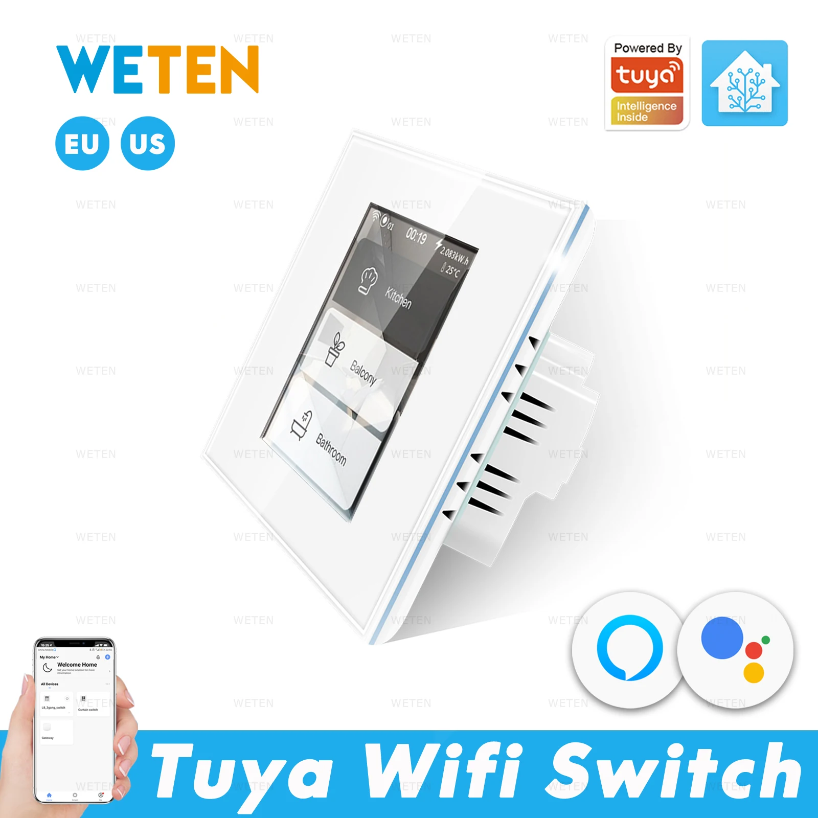 Tuya Wifi Smart Wall Light Switch LCD Screen Touch Panel Energy Monitor, Smart Life App Support Home Assistant Alexa Google Home