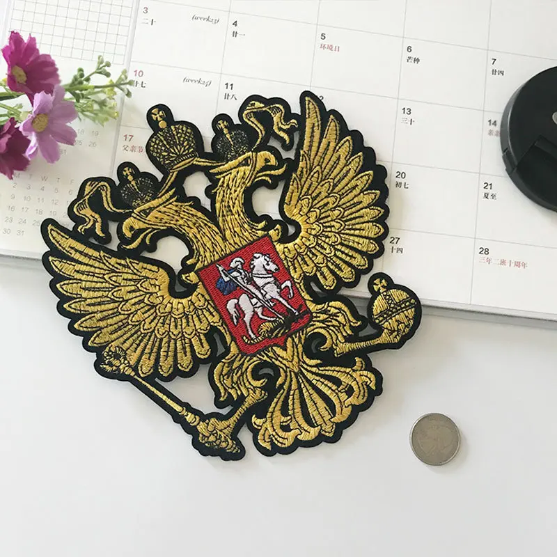 Russia National Emblem Patches Iron on Coat Double Eagle Back Rubber Embroidery Clothing Accessories Biker Patches