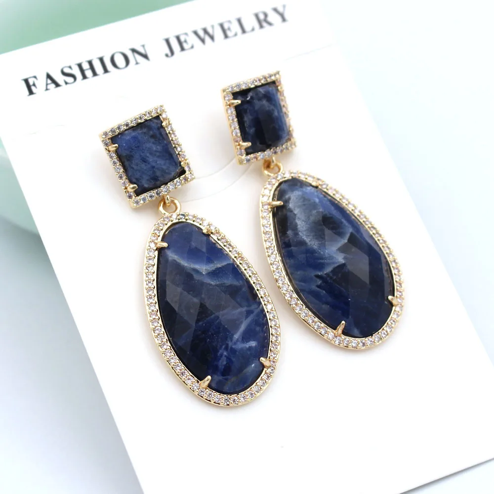 1pair Fashion Natural Oval Drop Jade Agate Stone Earrings CZ paved Posts for Women Hanging Dangle Earrings Female Party Jewelry