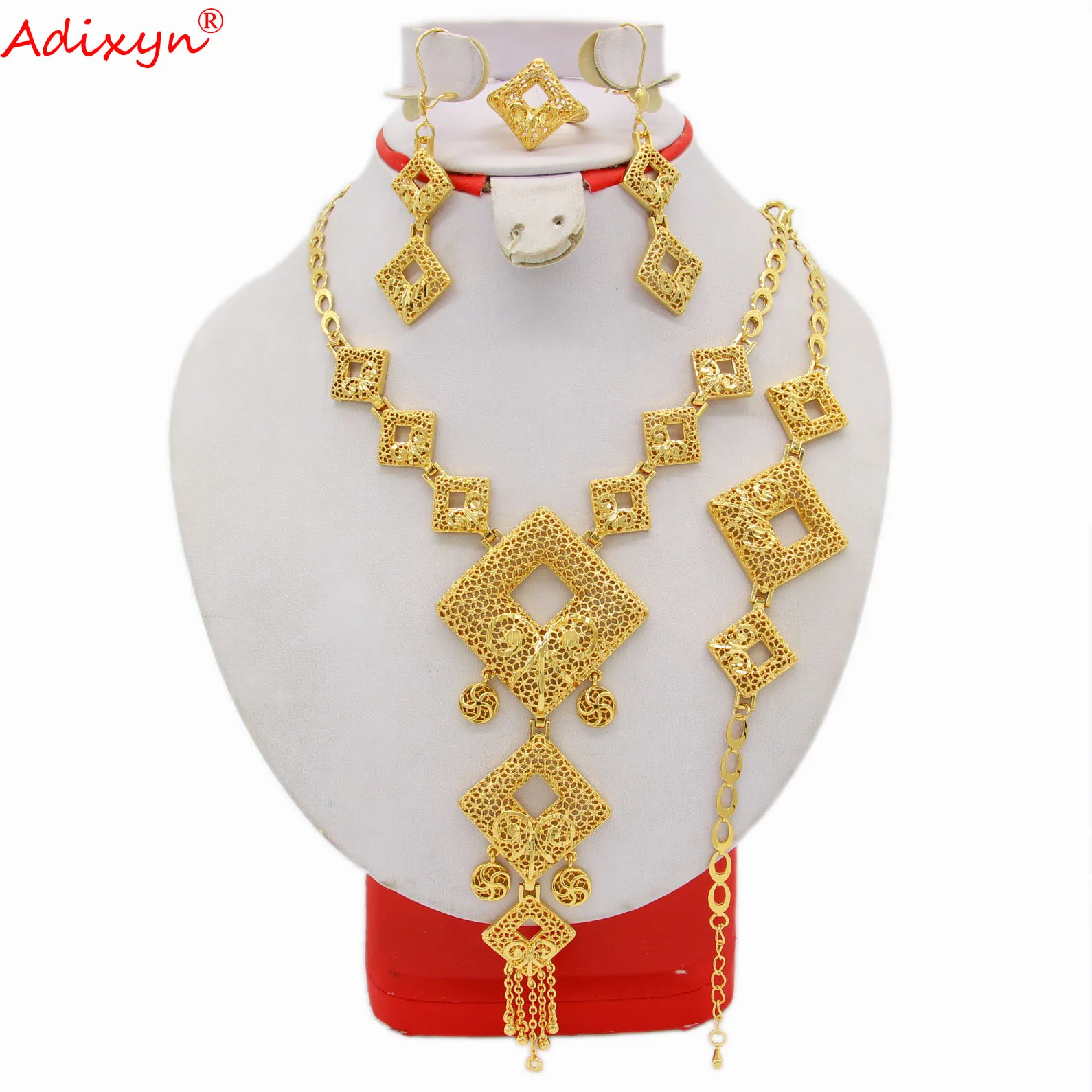 

Adixyn Rhombus Shape African Beads Jewlery Set Gold Color Necklace Bracelet Earrings Ring Luxury Jewelry N03106