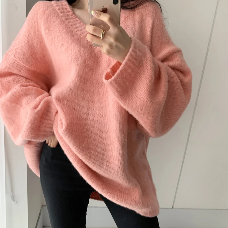 Winter Pull Oversize Femme Casual Loose Oversized Sweater Women V Neck Long Knitted Pullovers Purple Green Grey Sweaters Coats