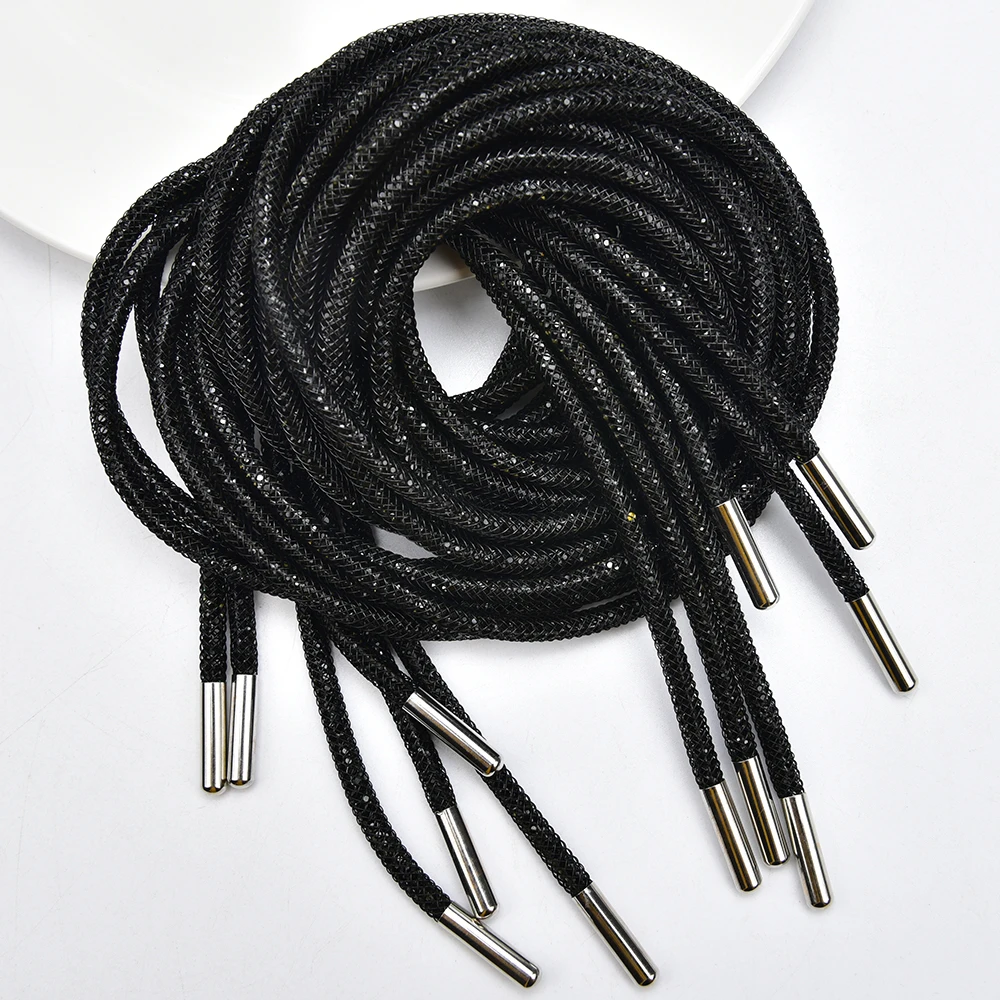Neue 4mm Schwarz Strass Seil Wrap Mesh Spitze Hoodies Kordelzug Schnur Kristall Sweatshirt Sport Hosen Stiefel Schnürsenkel