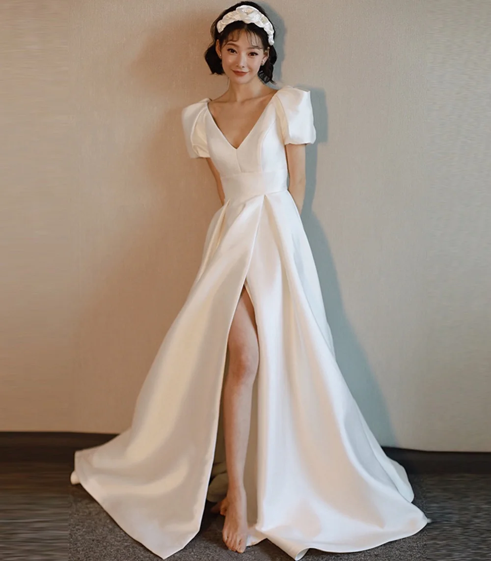 

Elegant V Neck A-Line Lantern Sleeve Satin Simple Slit Wedding Dress Bride Gown Vestidos De Novia robe mariée