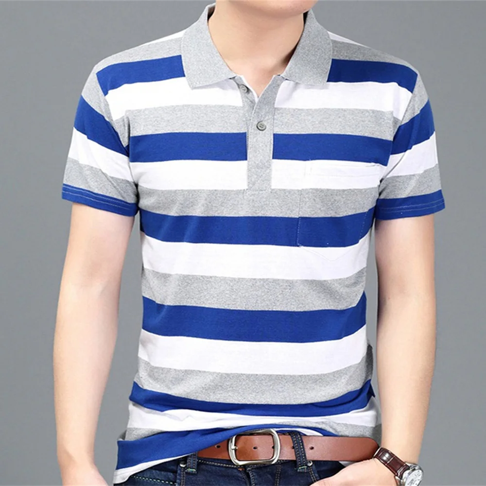 MwOiiOwM New Summer Style Striped Short Sleeve Casual Male T Shirt High Quality Polyester T-shirts Men Turn Down Collar Tshirt