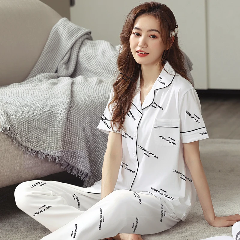 

Summer Cotton Pajama Set Women Sleepwear White Letter Pijama Short Sleeves Nightwear Fashion Cotton Pyjamas Femme Home Clothes