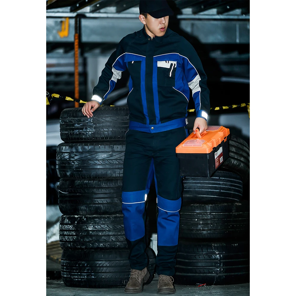 100% Cotton Working Suit for Man Mechanic with Reflective Stripes Two Tone Work Jacket Uniform Long Sleeve and Cargo Pants Set