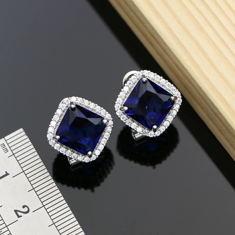 925 Silver Jewelry Sets Square Blue Sapphire Costume for Women Hoop Earrings Rings Bracelet Necklace Set Dropshipping