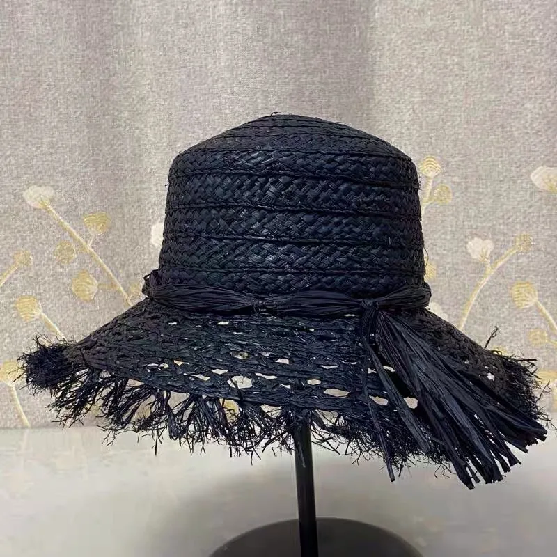 New Retro Hollow Raffia Bowknot Flat Top Straw Hat Raw Edge Sun Hat Female Summer Bucket Beach Hat Vacation Derby Verano