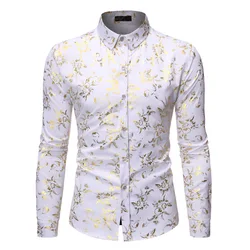 White Men Shirt 2023 Luxury Gold Floral Print Mens Dress Shirts Slim Fit Long Sleeve Chemise Homme Streetwear Hawaiian Shirt Man