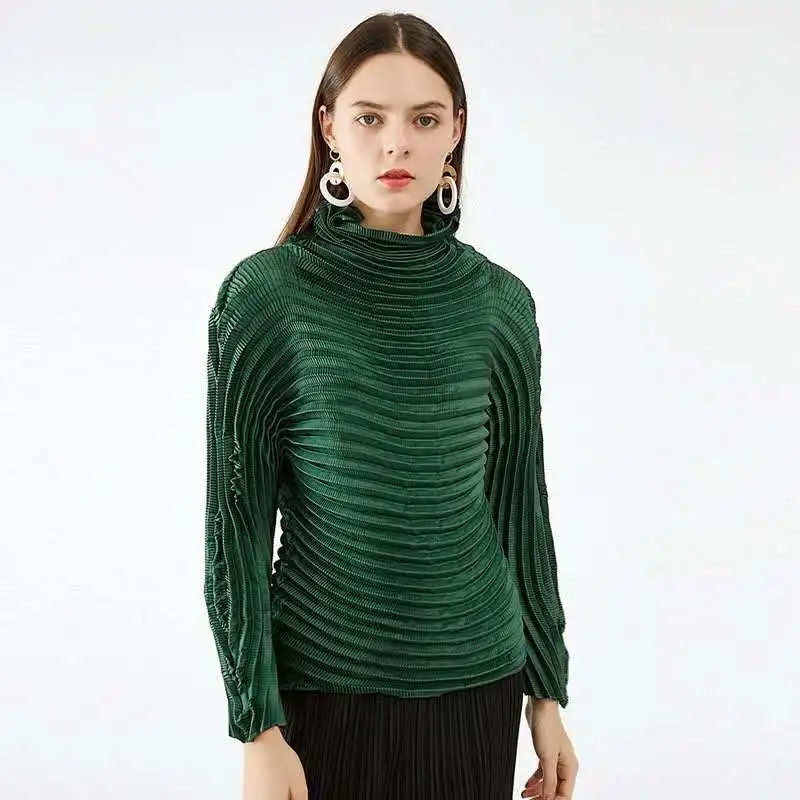 

HOT SELLING Miyake Fashionable fold in pure color turtleneck long sleeve T-shirt IN STOCK