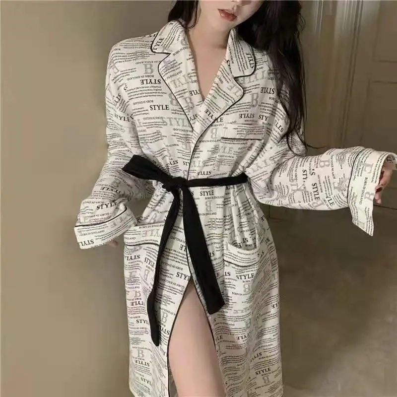 

Sexy Print Letter Kimono Robe Gown Female Bathrobe Cotton Nightgown Sleeepwear Lounge Nightwear With Belt Homewear Nightdress