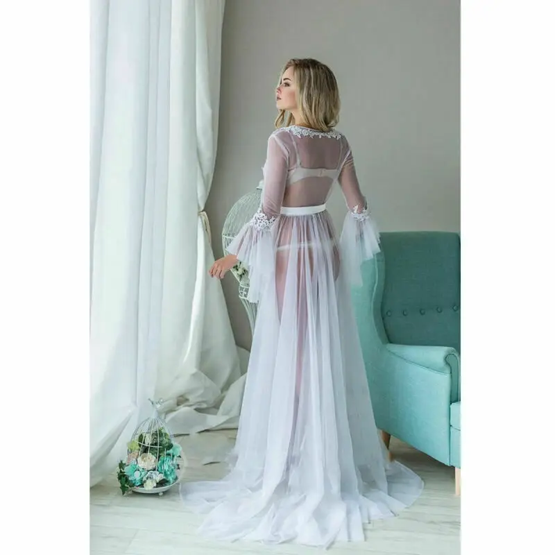 Chiffon sexy casamento da noiva da dama de honra robes ilusão rendas apliques roupão de banho manga longa sleepwear vestido noite para mulher