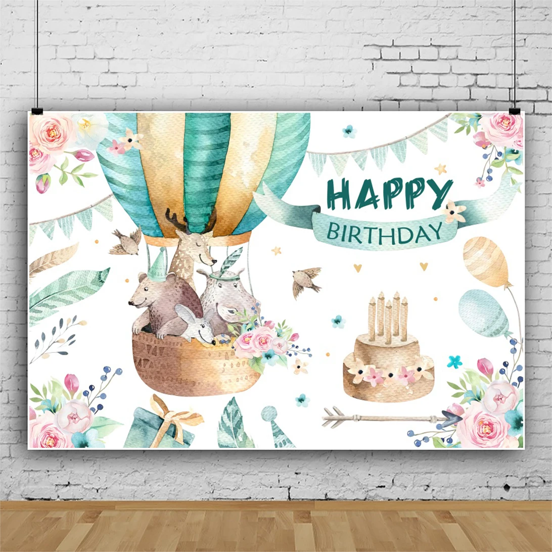 Laeacco-fondo fotográfico personalizado para fiesta de cumpleaños de bebé, telón de fondo de animales con globos de aire caliente, pastel, para estudio fotográfico