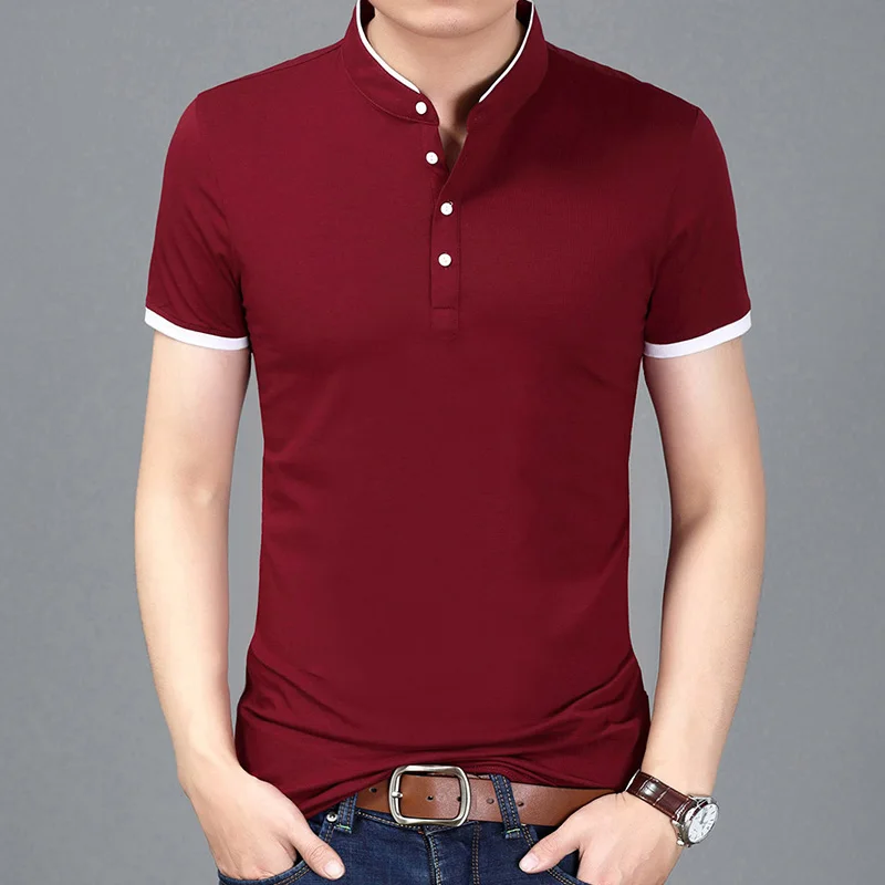 2023 Summer New Fashion Brand Clothing Tshirt Men Solid Color Slim Fit Short Sleeve T Shirt Men Mandarin Collar Casual T-Shirts