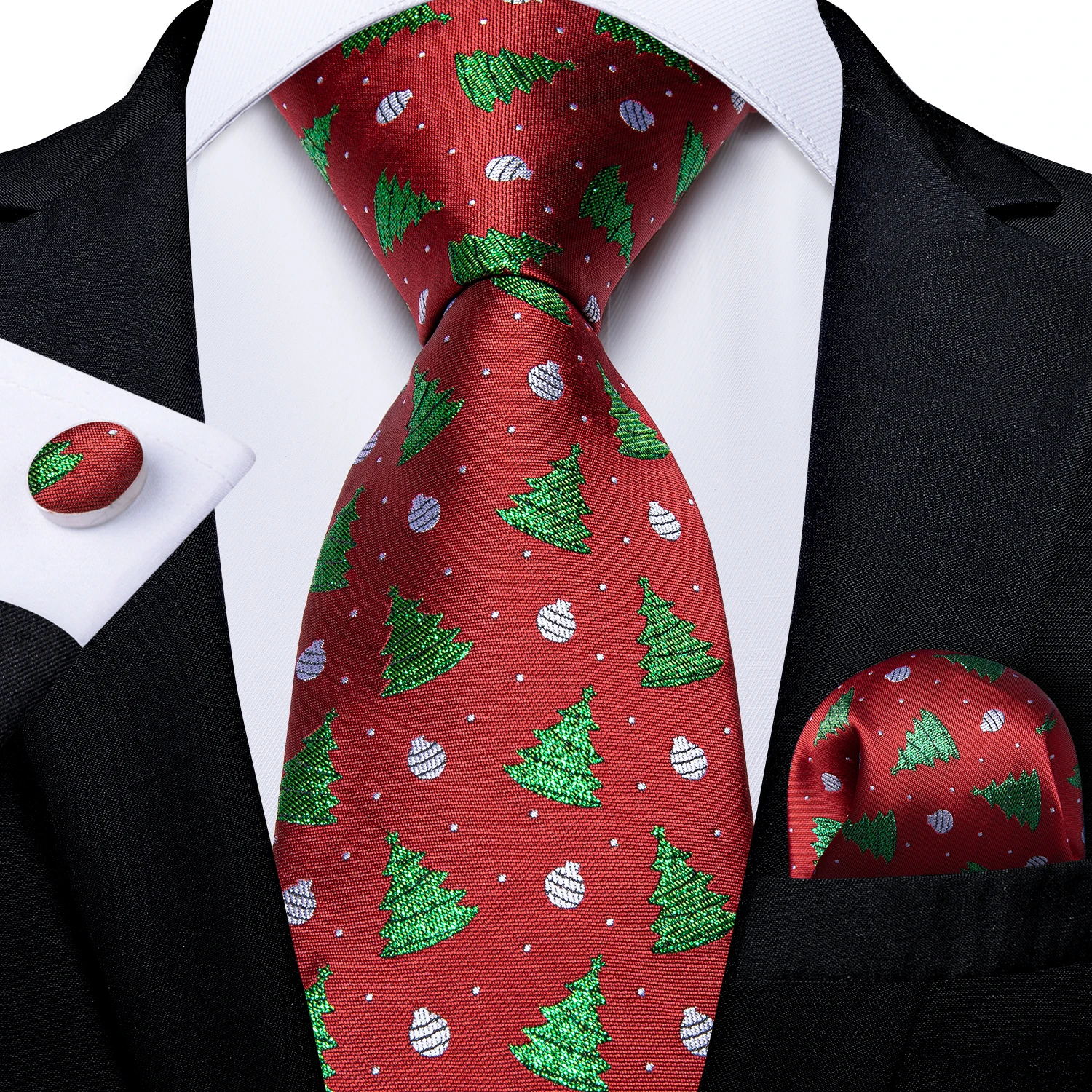 

Red Green Christmas Tree Pattern Printed Silk Ties For Men Party Neck Tie Pocket Square Cufflinks Set Gift For Men DiBanGu