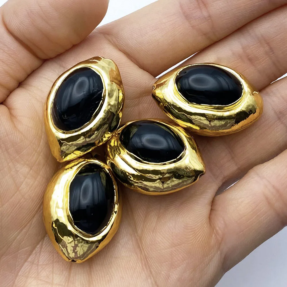 3PCS Natural Pure Black Agate Gemstone Gold Plated Copper Connector Spacer Bead DIY Bracelet Necklace Pendant Gift