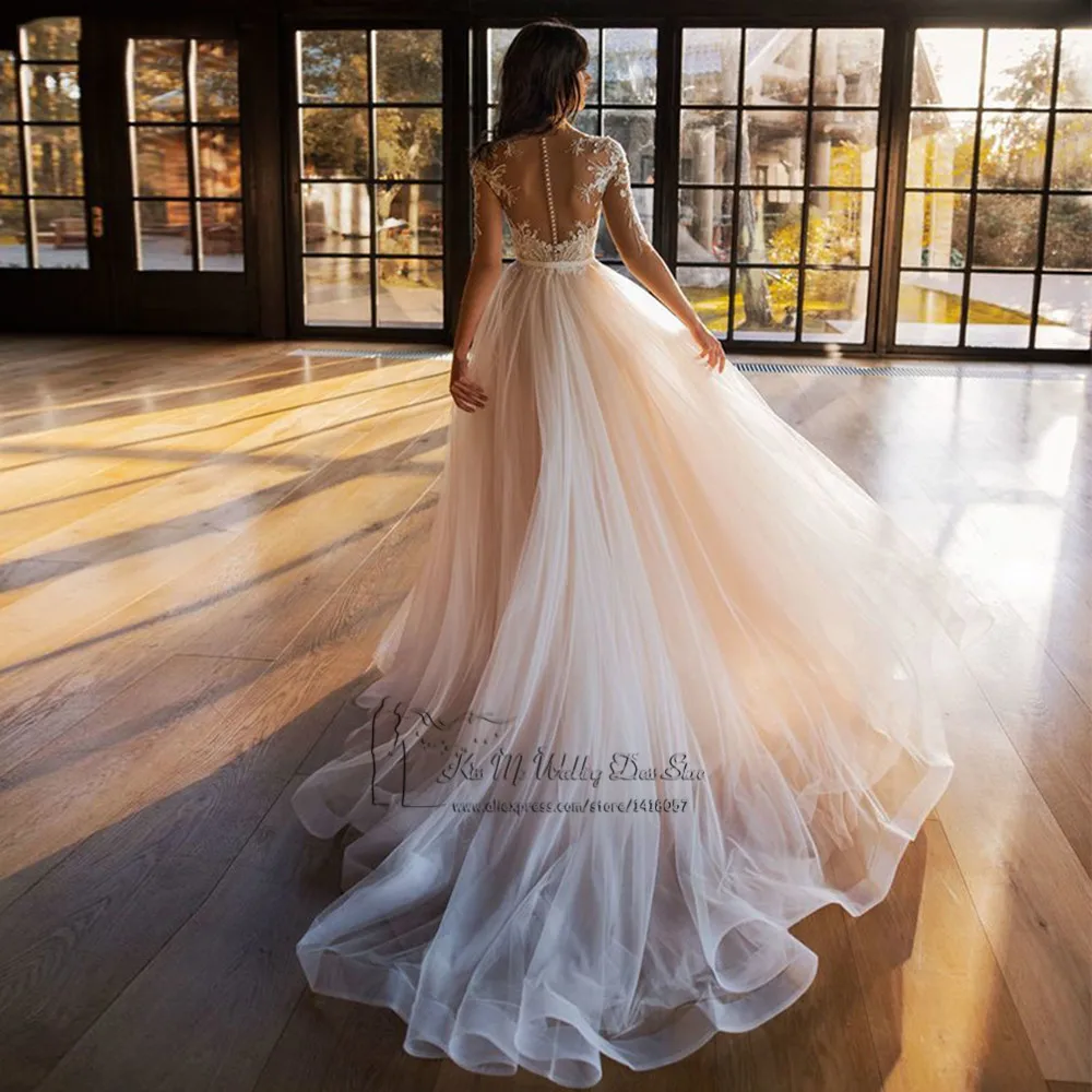 Elegante vestido de novia Vintage, Vestidos de novia con perlas de encaje 2021, manga 3/4, Vestidos de novia de Turquía, Vestidos de novia con espalda descubierta