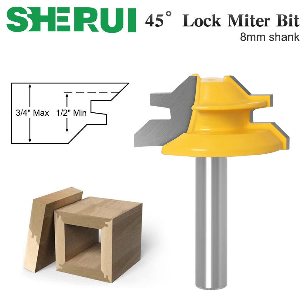 1-3PCS Small Lock Miter Router Bit Anti-kickback 45 Degree 1/2 Inch Stock 8 Inch Shank Tenon Cutter for WoodworkingTools