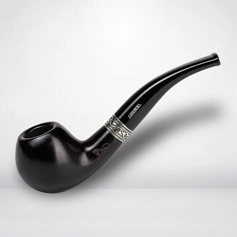 LUBINSKI Bent Straight Style Ebony Pipe Wooden Tobacco Pipe Silver Round Decoration With Pipe Bag Smoke Accessories