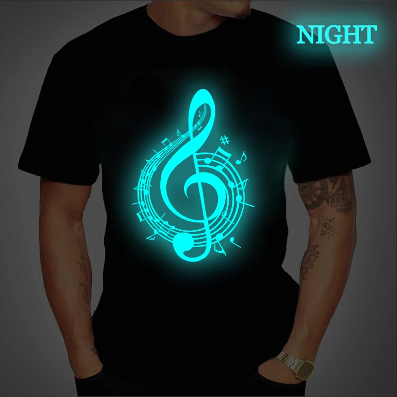 Luminous Music Symbol Print Goth T-Shirt Black Men's Custom Tee Shirt Summer Men T Shirt Plus Size Graphic T Shirts Tops Male