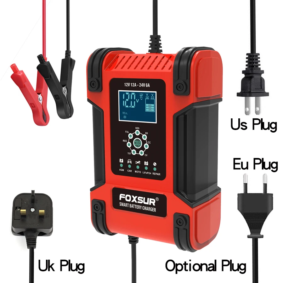 FOXSUR 12V/12A 24V/6A Truck Battery Charger Heavy Duty,AGM Intellicharger,Trickle Charger,LiFePO4 Battery Charger for Motorcycle