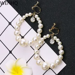 WENHQ Handmade Faux Pearl Big Hoop Drop Dangle Earrings for Women Exaggerated Temperament Clip on Earrings No Pierced Ear Clip