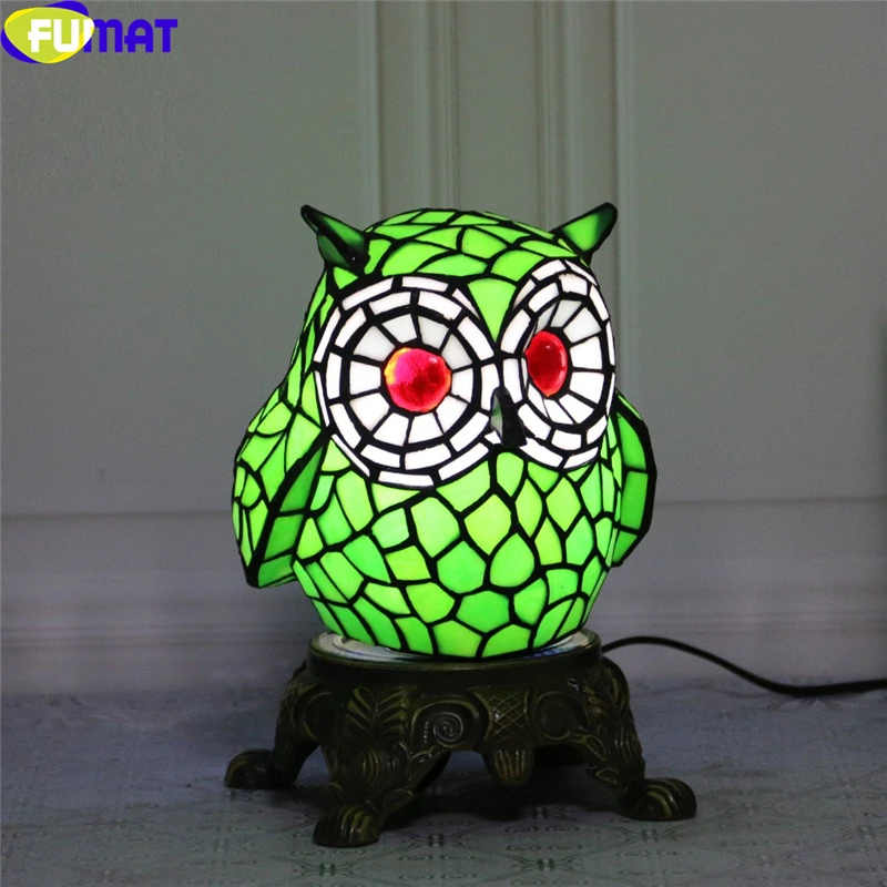 FUMAT Tiffany Style Night Light Stained Glass Strigiformes Yellow Blue Green Bird Art Handcraft Home Table Decorative Desk Lamp