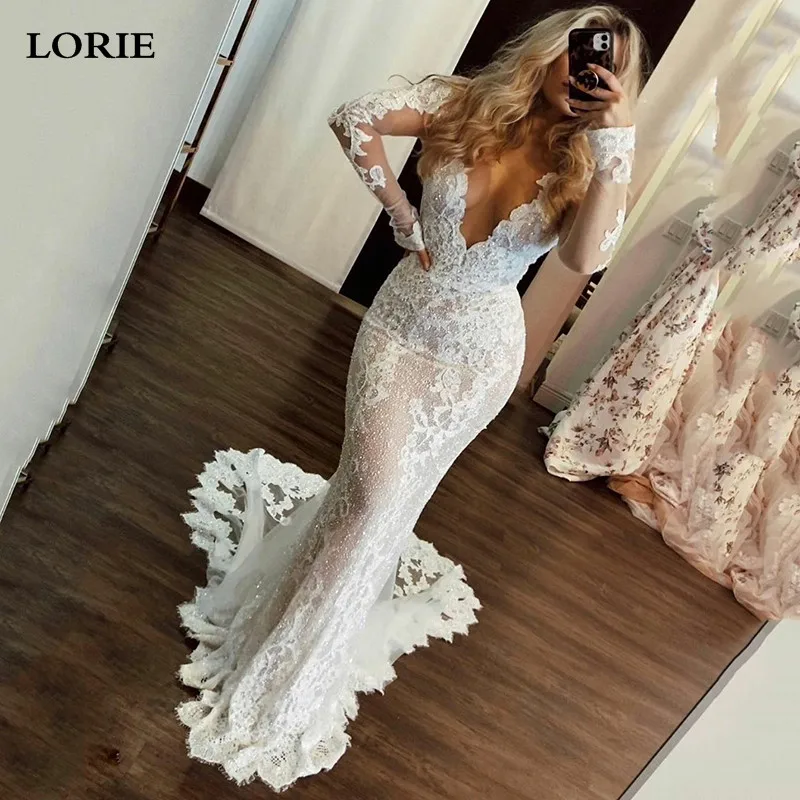 LORIE Langarm Spitze Meerjungfrau Hochzeit Kleid V Hals Neck Braut Kleider Lange Zug vestido de noiva Appliques Brautkleider 2022