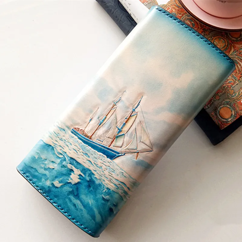 Handmade Women Carving The Blue Sea Sailboat Wallets Card Holder Purses Clutch Vegetable Tanned Leather Beautiful Gift