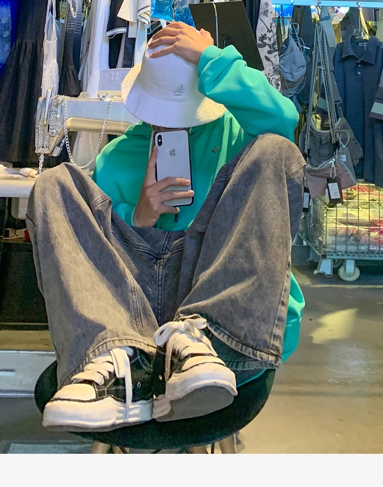 ICCLEK Jeans Men's Fall Loose Straight Wide-leg Pants Hip-hop Retro Washed Trousers Denim Jeans  Men Jeans  Biker Jeans