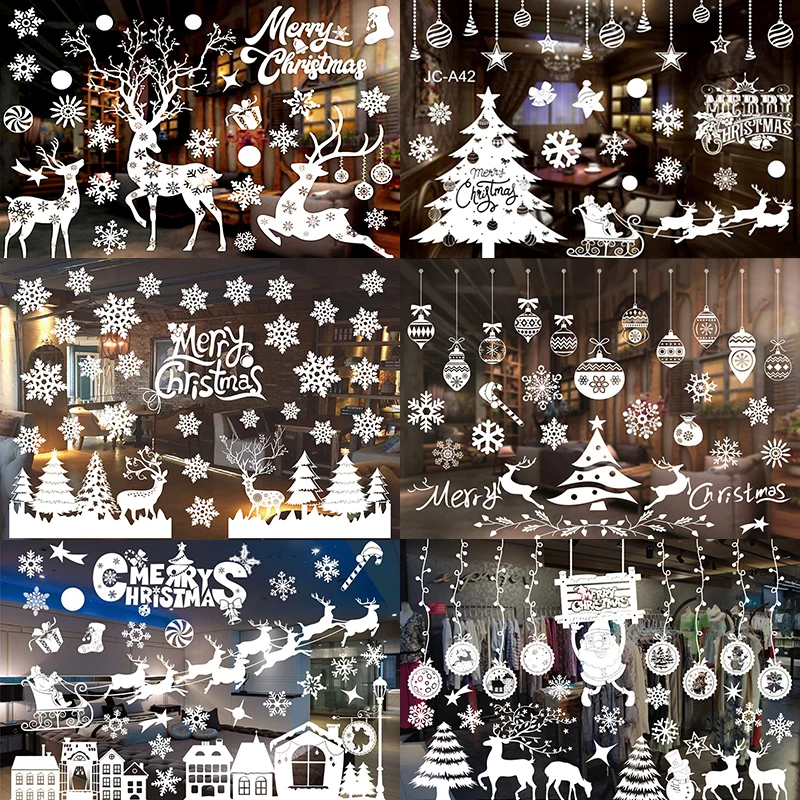 Christmas Snowflake Window Clings Stickers Santa Claus Reindeer Wall Glass Sticker Xmas Decorations Navidad 2023 Home Decor Noel