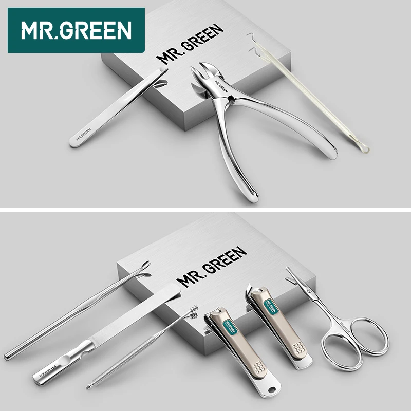 MR.GREEN 9PCS/set Nails Art Clipper Scissors Tweezer Knife toe Professional Manicure set Nosehair cut Grooming kitManicure Tools