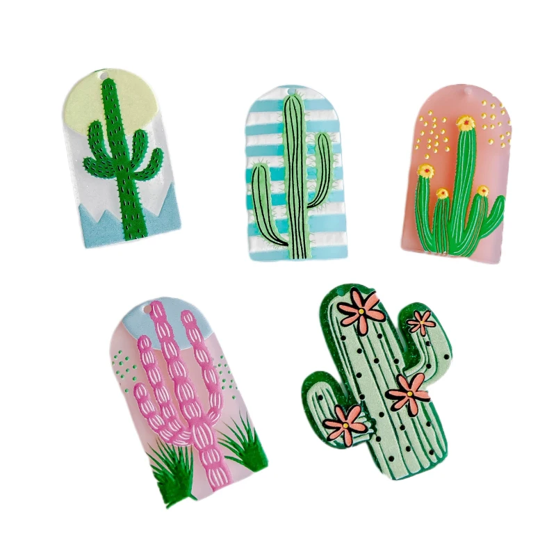 Acrylic Plastic Cactus Flat Back Pendant Earring Accessories Eardrop Necklace Charms Jewelry Making Supplies Diy Material 8pcs