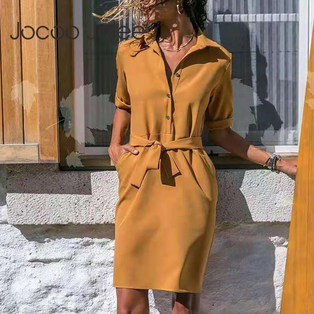 Jocoo Jolee Shirt Dress Women Turn-down Collar Sashes Knee-length Dress Casual Psrty Dress Oversized Loose Dress Vestidos Robe